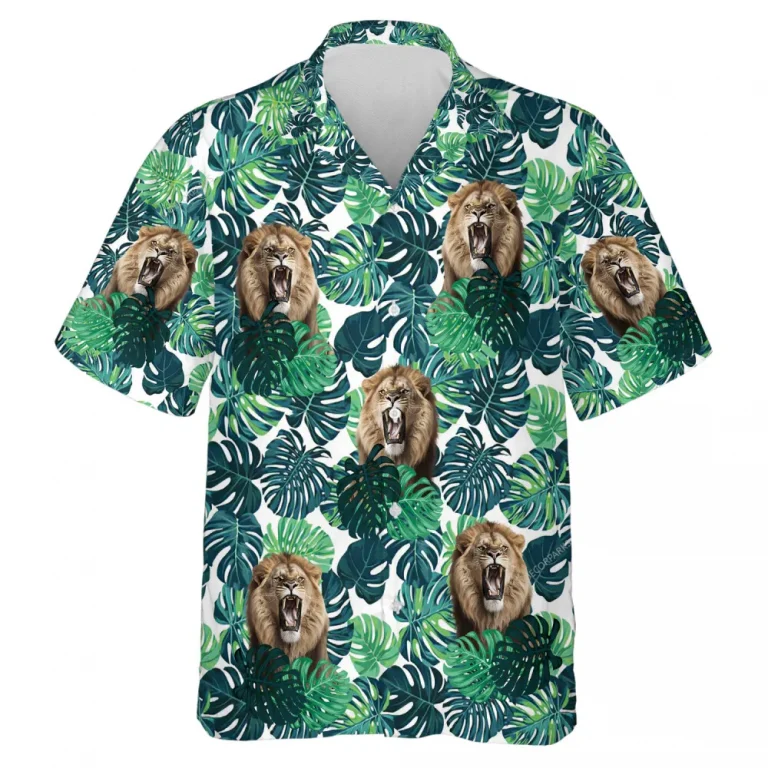 Roaring Lion Summer Unisex Hawaiian Shirt, Tropical Forest Aloha Beach Button-down Shirt, Best Holiday Travel Family Clothing, Animal Lover Top