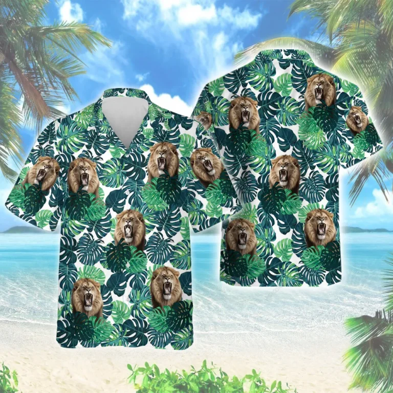 Roaring Lion Summer Unisex Hawaiian Shirt, Tropical Forest Aloha Beach Button-down Shirt, Best Holiday Travel Family Clothing, Animal Lover Top