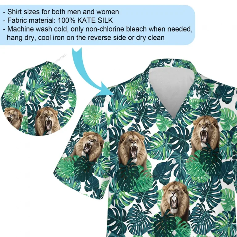 Roaring Lion Summer Unisex Hawaiian Shirt, Tropical Forest Aloha Beach Button-down Shirt, Best Holiday Travel Family Clothing, Animal Lover Top