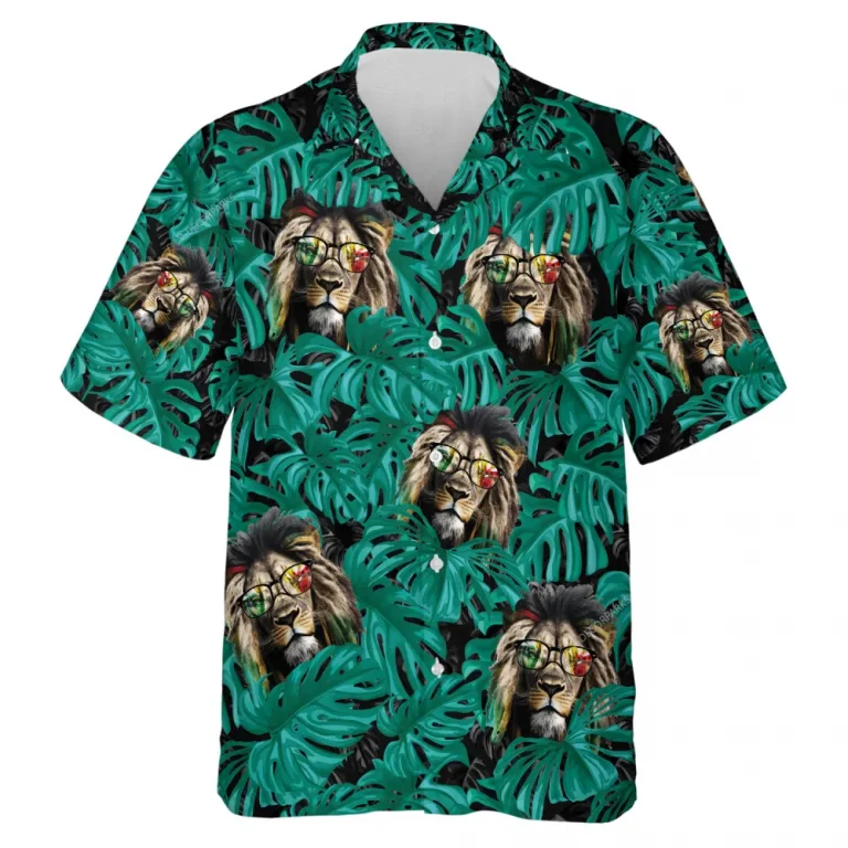 Rasta Impersonated Lion Men's Hawaiian Shirt, Tropical Leaves Aloha Beach Button-down Shirts, Summer Vacation Hawaii Clothing