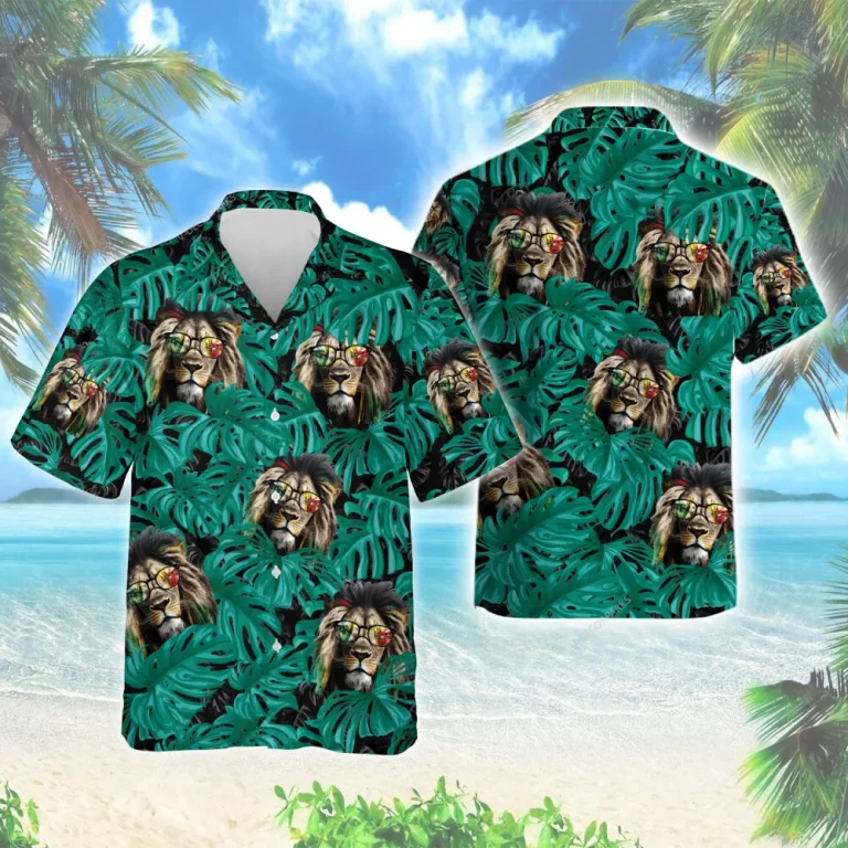 Rasta Impersonated Lion Men's Hawaiian Shirt, Tropical Leaves Aloha Beach Button-down Shirts, Summer Vacation Hawaii Clothing