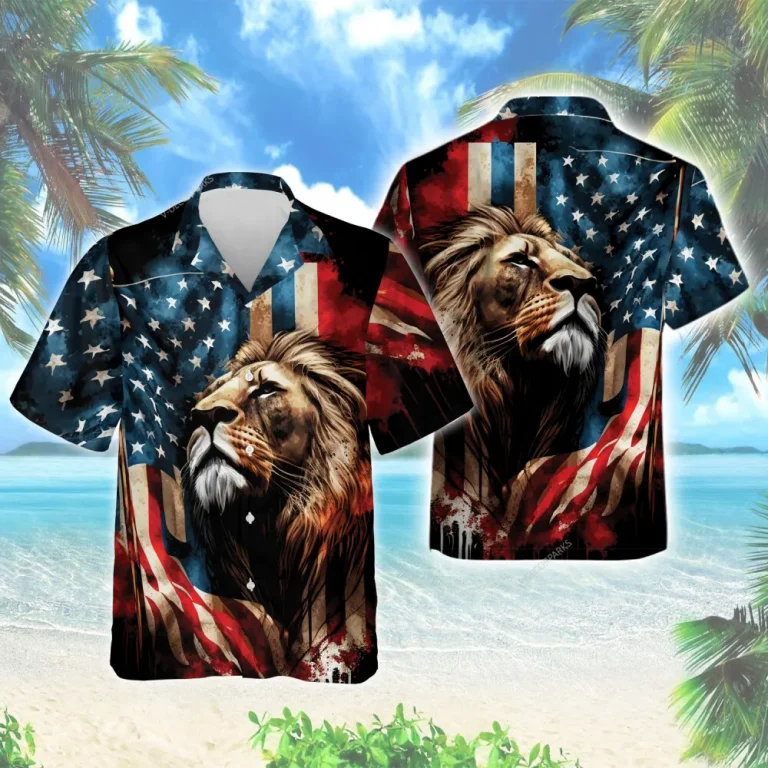 American Lion Species Unisex Hawaiian Shirt, Usa Flag Printed Aloha Shirts, Patriotic Dad's Gift, 4th Of July Celebration Clothing