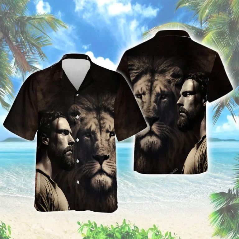 Jesus And His Lion Men Hawaiian Shirt, Christian Aloha Beach Button-down Shirts, Holy Printed Clothing, Everyday Wear, God Gift