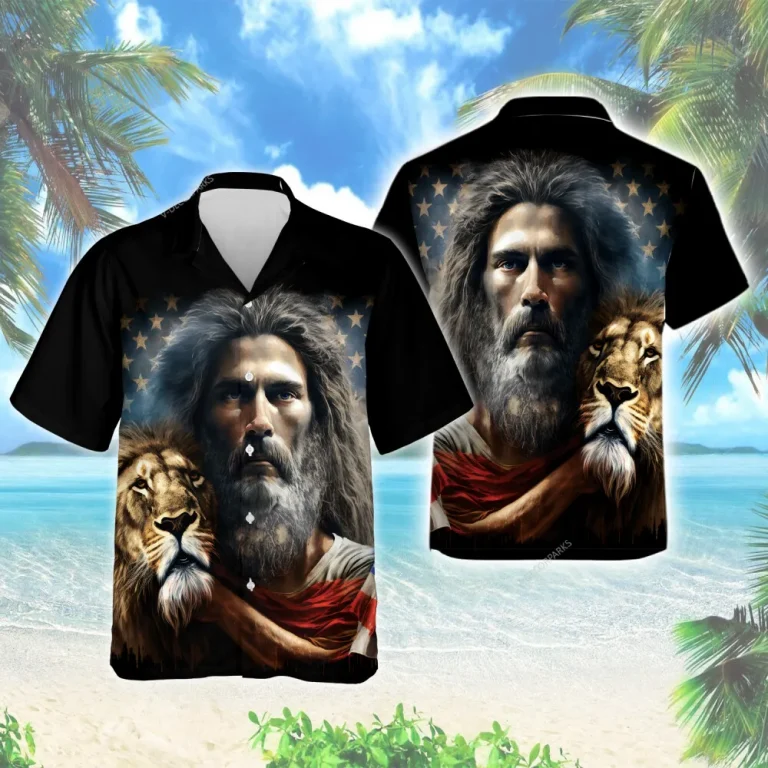 Jesus Pet Unisex Hawaiian Shirt, American Flag Aloha Beach Shirts, Holy Celebration Family Clothing, Printed Casual Wear, Lion Lover Gift