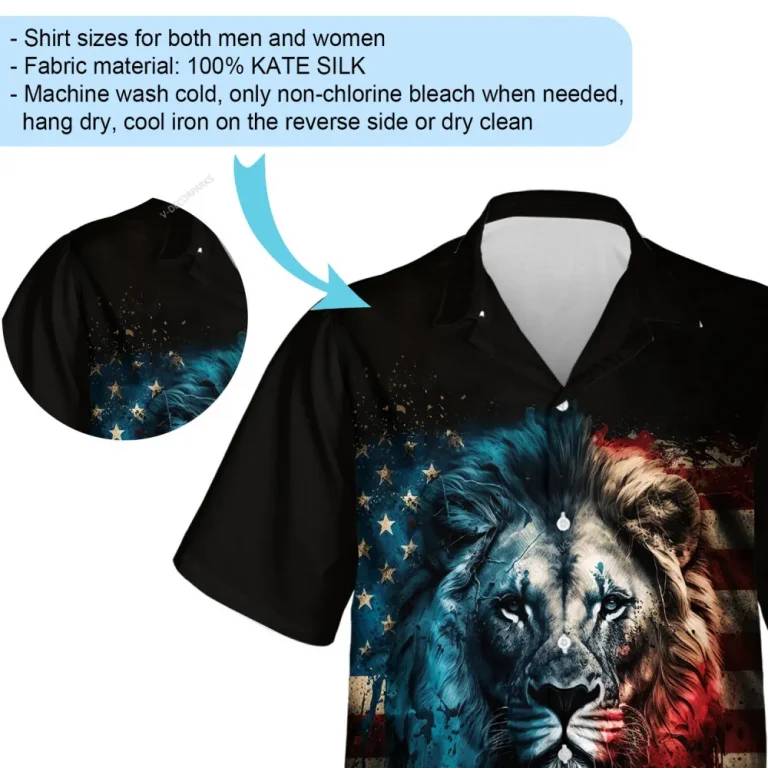 American Colored Lion Hawaiian Shirt, Us Independence Aloha Beach Button-down Shirt, Unisex Animal Lover Printed Clothing, Everyday Wear