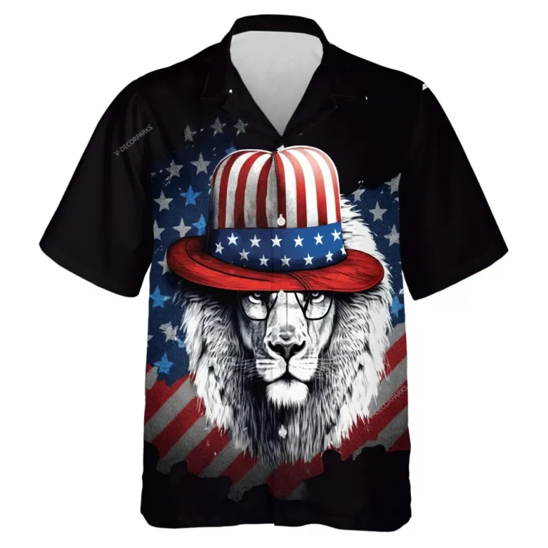 Cool Magician Lion Men Hawaiian Shirt, American Flag Aloha Button-down Shirts, Summer Beach Printed Clothing, Men's Casual Wear