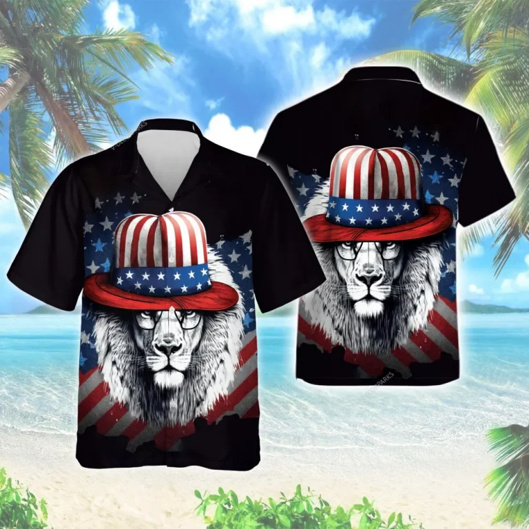 Cool Magician Lion Men Hawaiian Shirt, American Flag Aloha Button-down Shirts, Summer Beach Printed Clothing, Men's Casual Wear