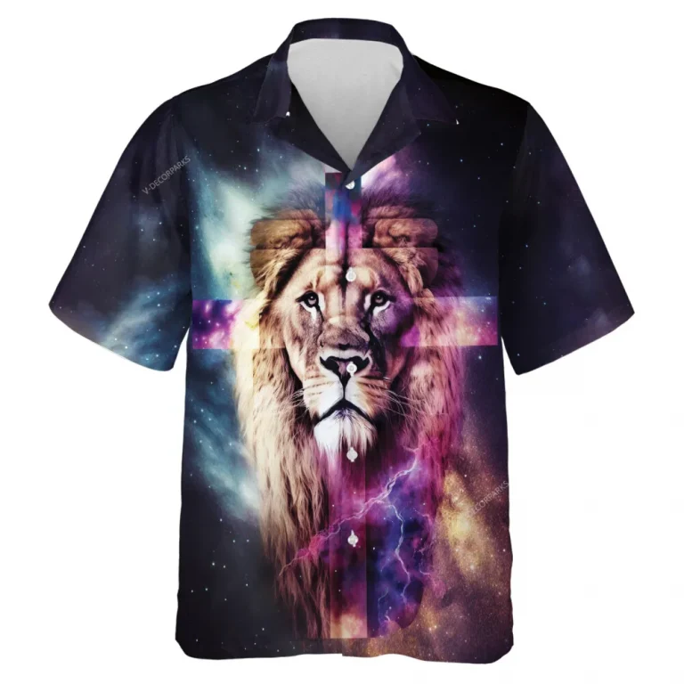 Holy Cross Lion Men Hawaiian Shirt, Hologram Galatic Animal Printed Aloha Beach Shirt, Summer Vacation Family Clothing, Casual Wear For Everyone