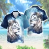 Snow Lion Men Hawaiian Shirt, Antarctica Aloha Shirts, Snowdrop Patterned Clothing, White Wildcat In Winter Printed Top, Casual Wear