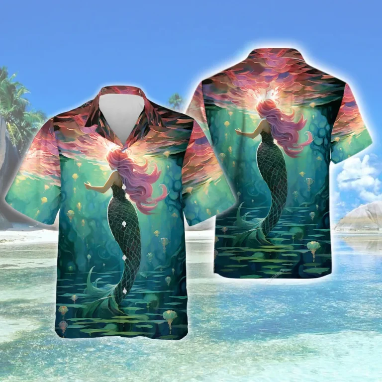 Beautiful Oceanic Mermaid Men Hawaiian Shirt, Sea Animals Casual Button Down Short Sleeve, Jellyfish Printed Clothing, Ocean Patterned Top