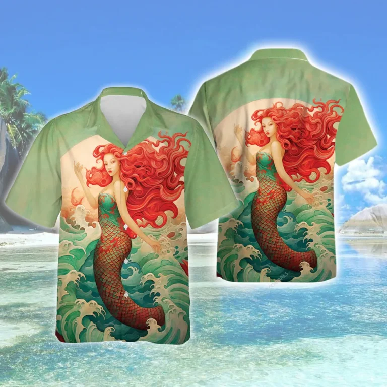 Red Hair Mermaid Rides Waves Unisex Hawaiian Shirt, Undersea Button Down Shirt, Aesthetic Casual Aloha Shirt, Sea Vacation Printed Top