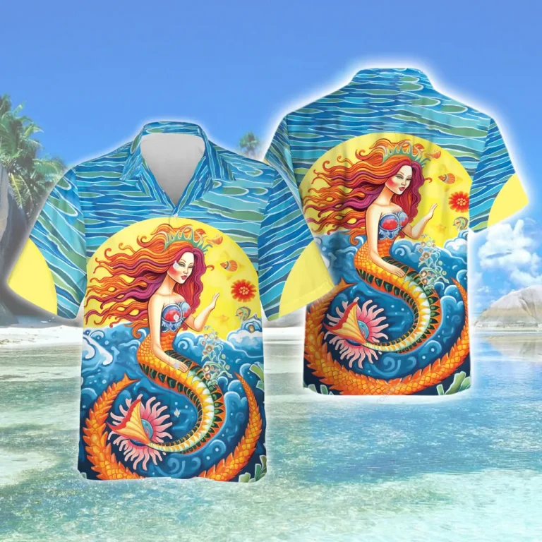 Angelic Mermaid Sunrise Hawaii Shirt For Everyone, Ocean Wave Casual Short Sleeve, Sunshine Patterned Summer Shirt, Sea Lover Gift