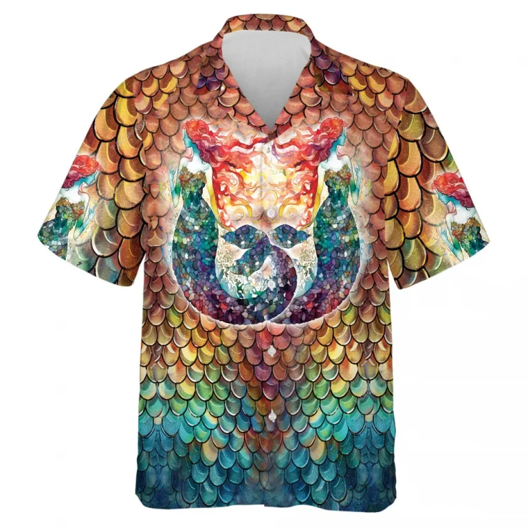 Mosaic Mermaid Unisex Hawaiian Shirt, Fin Pattern Button Down Shirt, Aloha Shirt For Everyone, V-neck Men's Casual Wear, Family Clothing