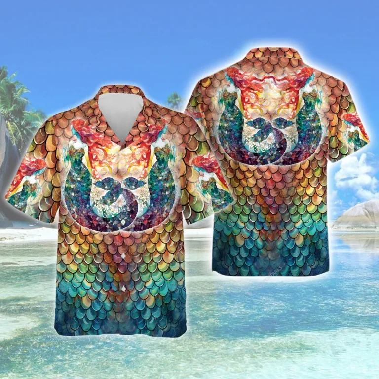 Mosaic Mermaid Unisex Hawaiian Shirt, Fin Pattern Button Down Shirt, Aloha Shirt For Everyone, V-neck Men's Casual Wear, Family Clothing