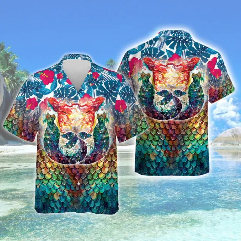 Double Vibrant Mermaid Unisex Hawaiian Shirt, Tropical Hologram Flowers Aloha Shirt, Casual Summer Shirt, Everyday Wear, Couple Travel Clothing