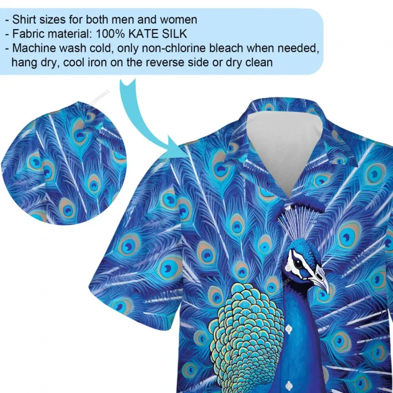 Blue Feather Peacock Unisex Hawaii Shirt, Button Vintage Aloha Shirt, Summer Vacation Casual Shirt, Bird Lover Button-down Short Sleeves