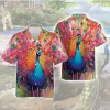 Vibrant Peacock Unisex Hawaiian Shirt, Beautiful Bird Feather Patterned Casual Shirt, Animal Lover Button-down Short Sleeve