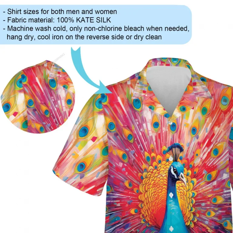 Vibrant Peacock Unisex Hawaiian Shirt, Beautiful Bird Feather Patterned Casual Shirt, Animal Lover Button-down Short Sleeve