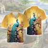 Peacock Sitting On Flower Tree Hawaiian Shirt, Nature Lover Casual Button Down Short Sleeve, Floral Printed Shirt, Everyday Clothing