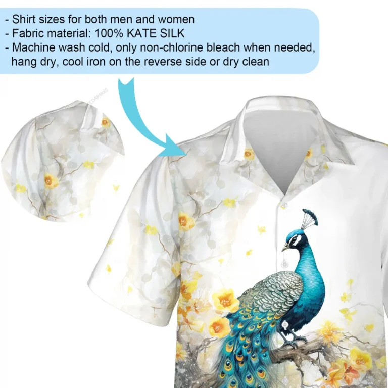 Peacock Perching On Flower Tree Hawaiian Shirt, Nature Lover Casual Button Down Short Sleeve, Floral Printed Shirt, Everyday Clothing