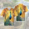 Perching Peacock Unisex Hawaiian Shirt, Tropical Forest Patterned Aloha Button-down Shirt, Colorful Garden Bird Printed Shirt