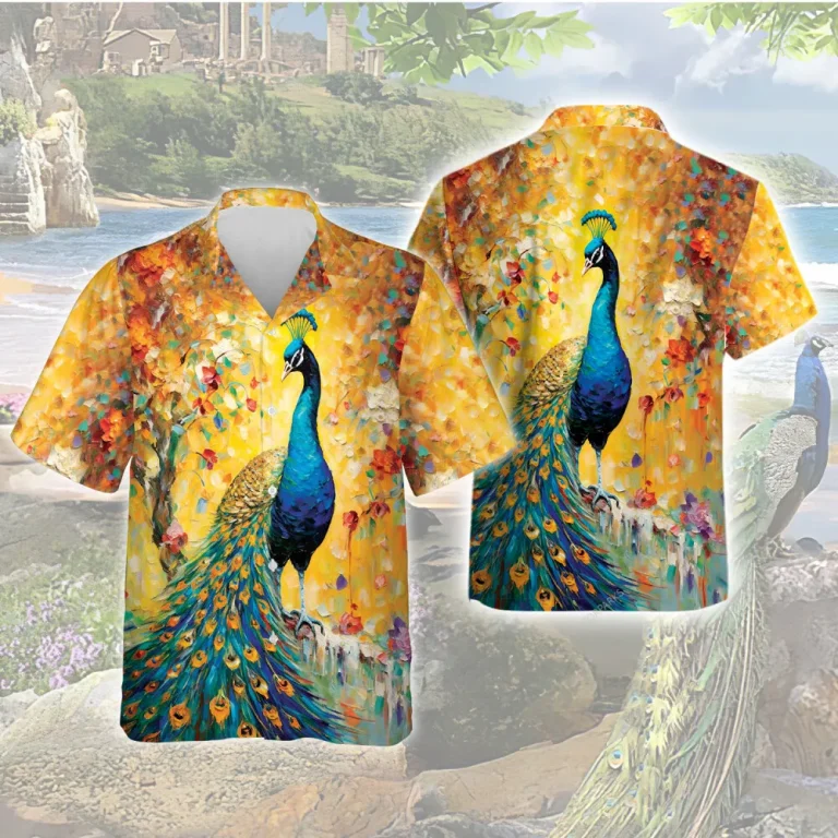 Perching Peacock Unisex Hawaiian Shirt, Tropical Forest Patterned Aloha Button-down Shirt, Colorful Garden Bird Printed Shirt