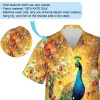 Perching Peacock Unisex Hawaiian Shirt, Tropical Forest Patterned Aloha Button-down Shirt, Colorful Garden Bird Printed Shirt