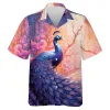 Peacock Sitting Among Flowers Unisex Hawaiian Shirt, Long Feather Tail Button-down Short Sleeve, Casual Aloha Shirt, Rose Garden Design