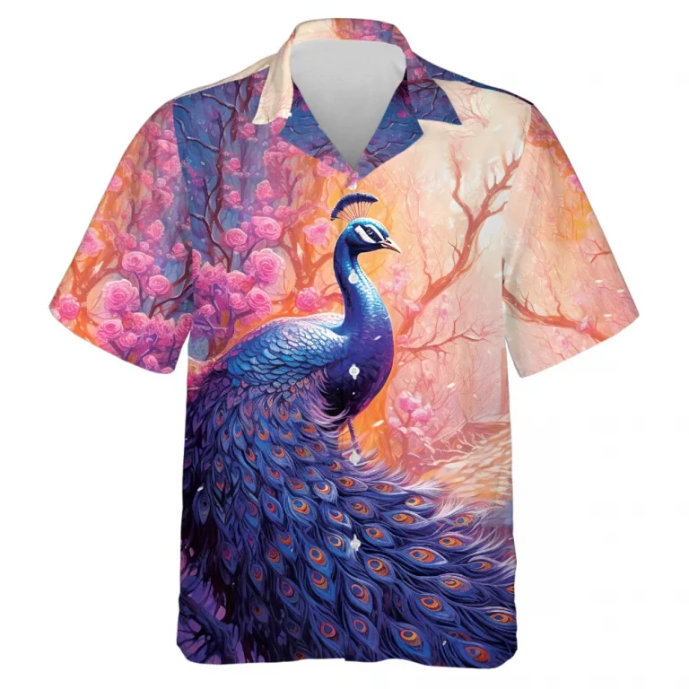 Peacock Sitting Among Flowers Unisex Hawaiian Shirt, Long Feather Tail Button-down Short Sleeve, Casual Aloha Shirt, Rose Garden Design