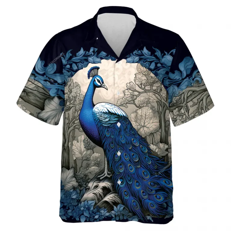 Beautiful Peacock Men's Hawaiian Shirt, Blue Peacock Aloha Shirt, Monogram Casual Button-down Short Sleeve, Aesthetic Vintage Clothing