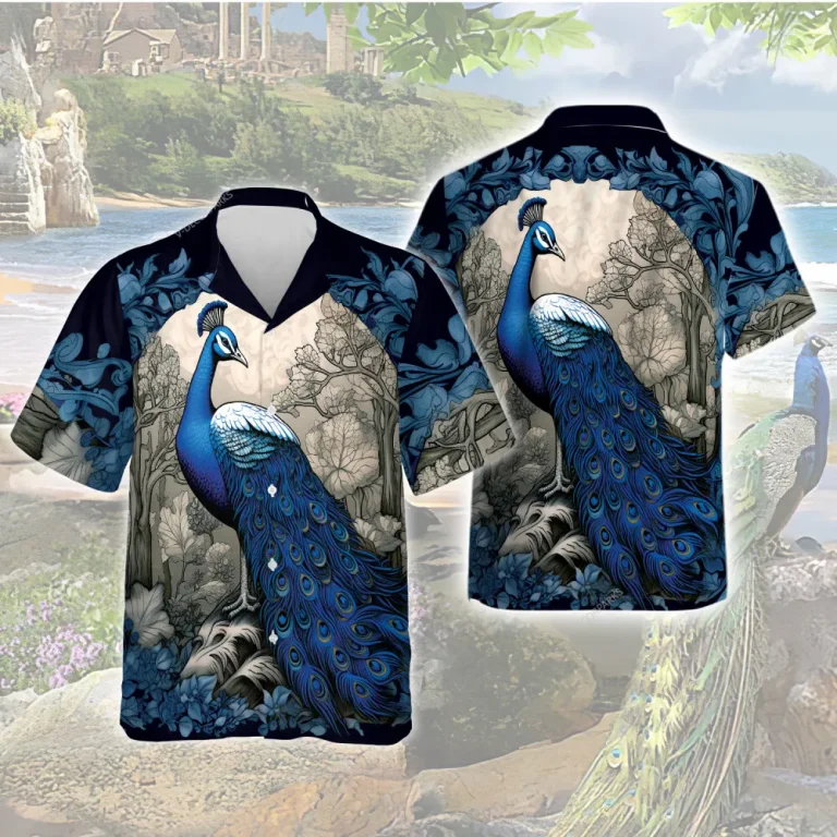 Beautiful Peacock Men's Hawaiian Shirt, Blue Peacock Aloha Shirt, Monogram Casual Button-down Short Sleeve, Aesthetic Vintage Clothing