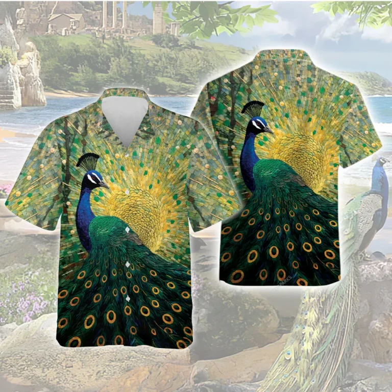 Classy Peacock Unisex Hawaiian Shirt, Mosaic Animals Printed Casual Shirt, Nature Art Aloha Button Down Short Sleeves, Summer Relaxed Wear