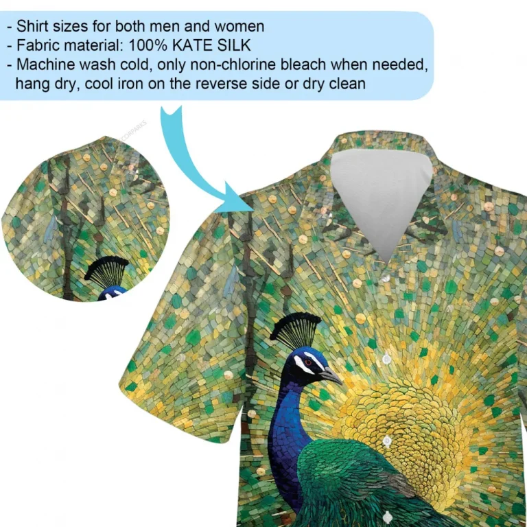 Classy Peacock Unisex Hawaiian Shirt, Mosaic Animals Printed Casual Shirt, Nature Art Aloha Button Down Short Sleeves, Summer Relaxed Wear