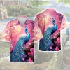 Peacock Spring Blossom Unisex Hawaiian Shirt, Pink Flower Forest Printed Casual Button Down Short Sleeves, Family Vacation Shirt