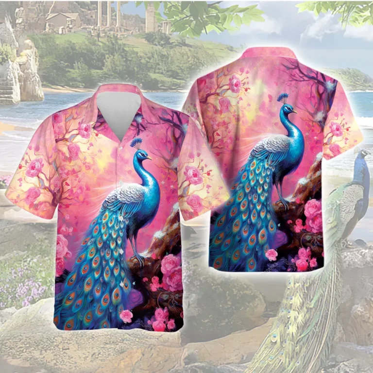 Peacock Spring Blossom Unisex Hawaiian Shirt, Pink Flower Forest Printed Casual Button Down Short Sleeves, Family Vacation Shirt