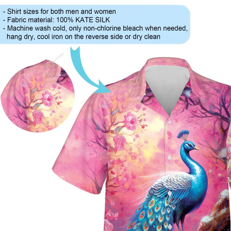 Peacock Spring Blossom Unisex Hawaiian Shirt, Pink Flower Forest Printed Casual Button Down Short Sleeves, Family Vacation Shirt