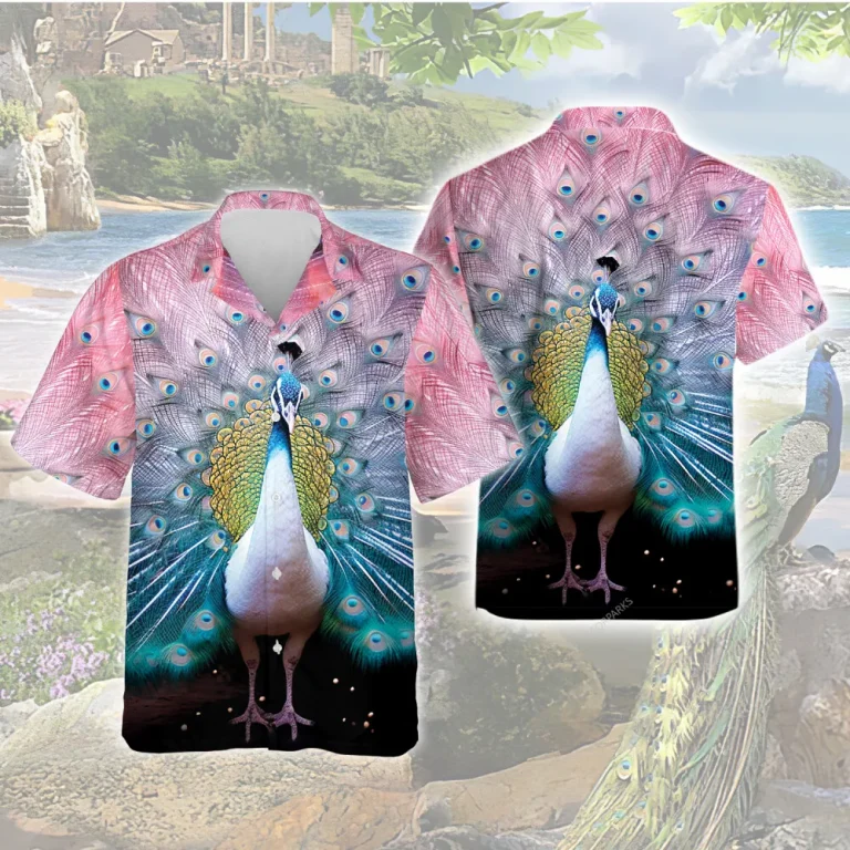 Rare White Peacock Unisex Hawaiian Shirt, Vibrant Bird Feather Pattern Casual Clothing, Animals Printed Button Down Short Sleeves