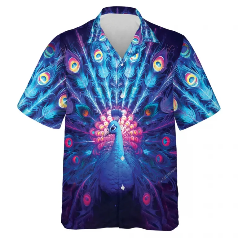 Neon Blue And Pink Peacock Men's Hawaii Shirt, Bird's Tail Feather Patterned Casual Shirt, Aloha Button Down Short Sleeve, Beach Travel Clothing