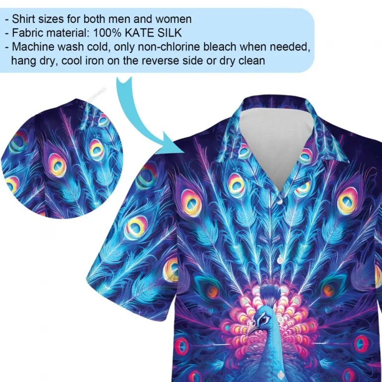 Neon Blue And Pink Peacock Men's Hawaii Shirt, Bird's Tail Feather Patterned Casual Shirt, Aloha Button Down Short Sleeve, Beach Travel Clothing