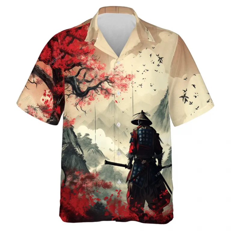 Samurai In Red Forest Men Hawaiian Shirt, Japanese Art Printed Aloha Button-down Short Sleeves, Isolated Swordsman Patterned Shirt