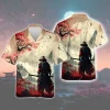 Samurai In Red Forest Men Hawaiian Shirt, Japanese Art Printed Aloha Button-down Short Sleeves, Isolated Swordsman Patterned Shirt