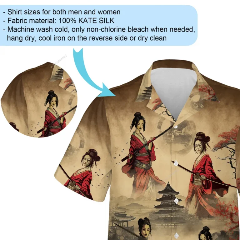 Samurai Girls Power Men Hawaiian Shirt, Summer Floral Temple Button Down Short Sleeve Aloha Casual Shirt, Sword Lover Printed Top