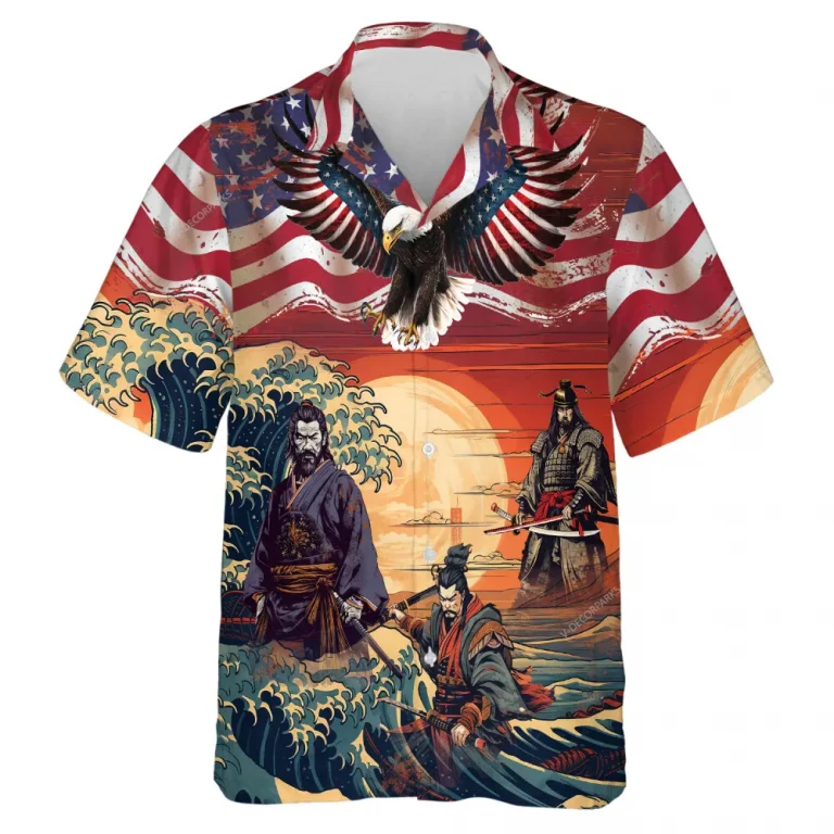 Triple Samurai Vs American Eagle Men's Hawaiian Shirt, Independence Day Casual Clothing, Aloha Button-down Short Sleeves, Japan Lover Design