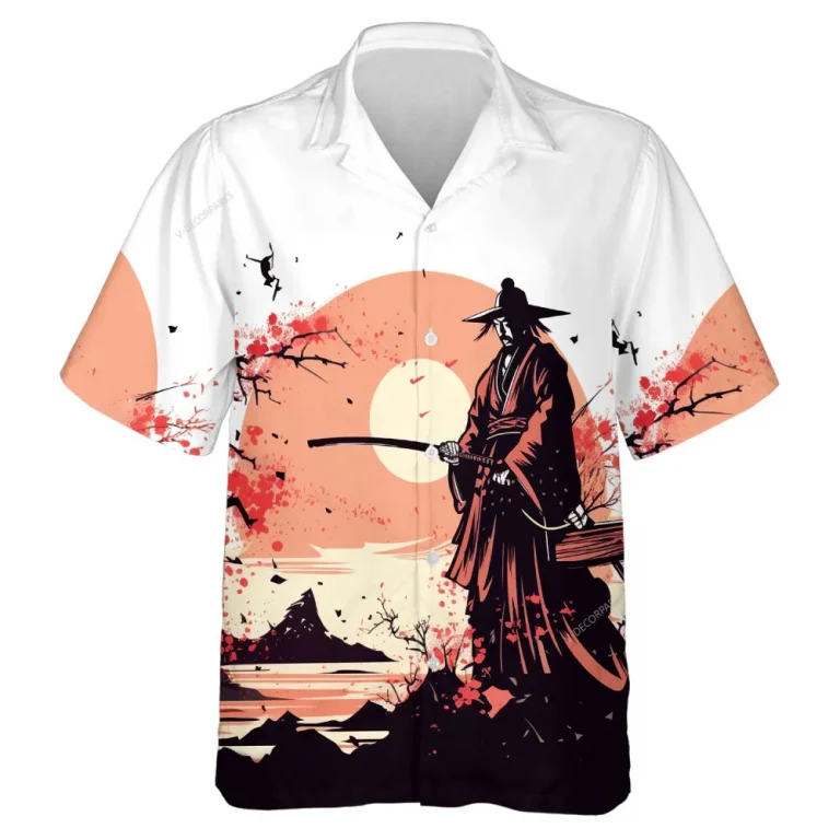 Old Samurai Unisex Hawaiian Shirt, Japanese Traditional Pattern Aloha Button-down Shirt, Riverside Scenery Printed Top, Nature Lover Gift
