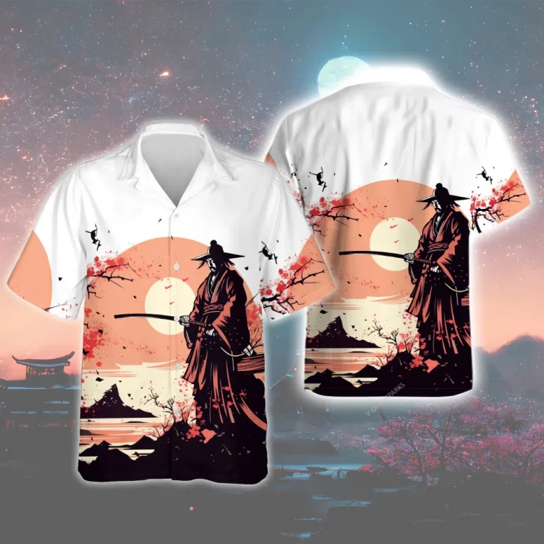 Old Samurai Unisex Hawaiian Shirt, Japanese Traditional Pattern Aloha Button-down Shirt, Riverside Scenery Printed Top, Nature Lover Gift