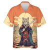 Adorable Samurai Cat Men Hawaiian Shirt, Cat Lover Aloha Button-down Short Sleeves, Summer Holiday Trip Family Shirt, Everyday Relaxed Men's Wear