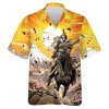 Samurai Horse Rider Unisex Hawaiian Shirt, Aesthetic Sunset Mountain Aloha Button Down Short Sleeves, Best Shirt For Summer Group Trip