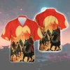 Samurai Riding Horse Unisex Hawaiian Shirt, Warrior In Red Sunlight Aloha Button-down Shirt, Summer V-neck Short Sleeves, War Is Over Gift