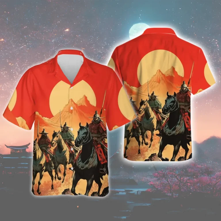 Samurai Riding Horse Unisex Hawaiian Shirt, Warrior In Red Sunlight Aloha Button-down Shirt, Summer V-neck Short Sleeves, War Is Over Gift