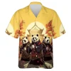 Martial Art Pandas Men's Hawaiian Shirt, Chinese Panda Lover Casual Shirt, Sunset Ancient Castle Printed Aloha Button-down Short Sleeves